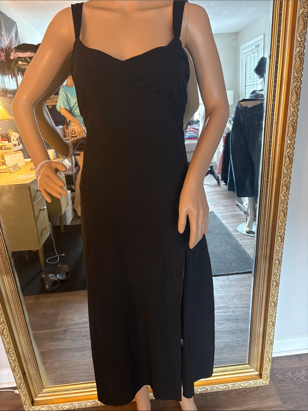 Altar'd State Black Maxi Dress with Sweetheart Neckline and Side Slit